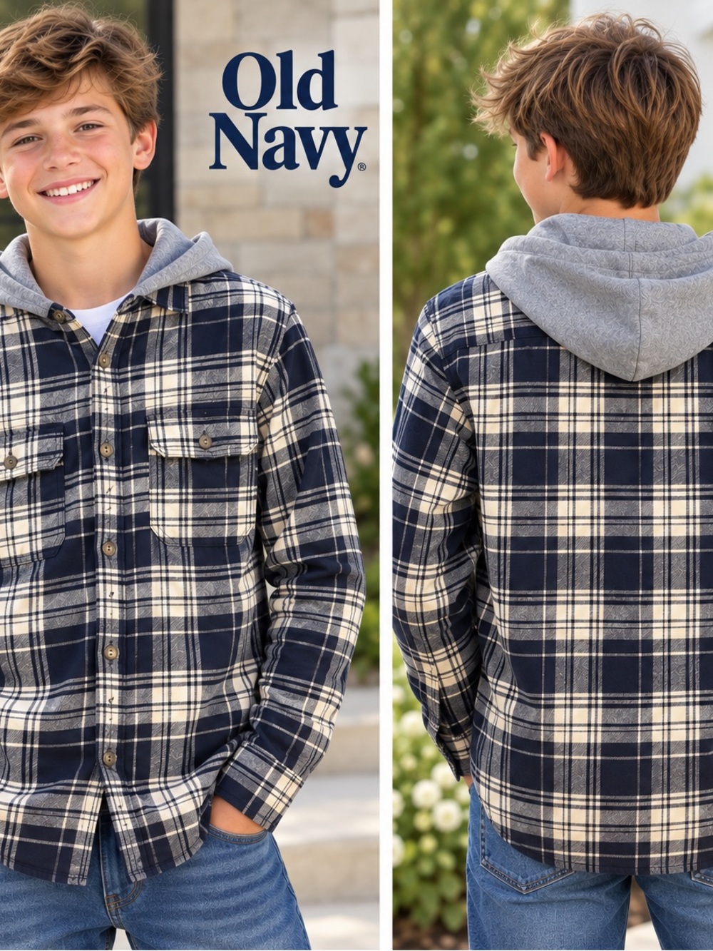 Old Navy Navy and Cream Plaid Hooded Shirt ; mens small